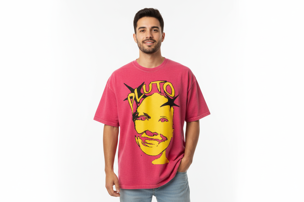 Pluto Yellow Face Snow Washed Oversized Cotton Tee-Shirt