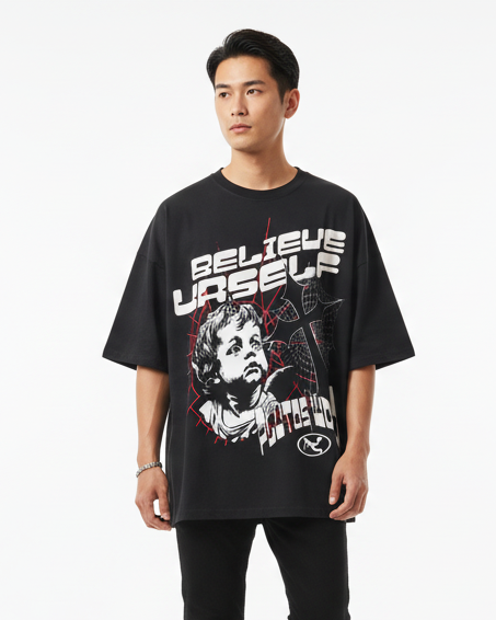 Plutos Believe Yourself Streetwear Loose Cotton Tee-Shirt