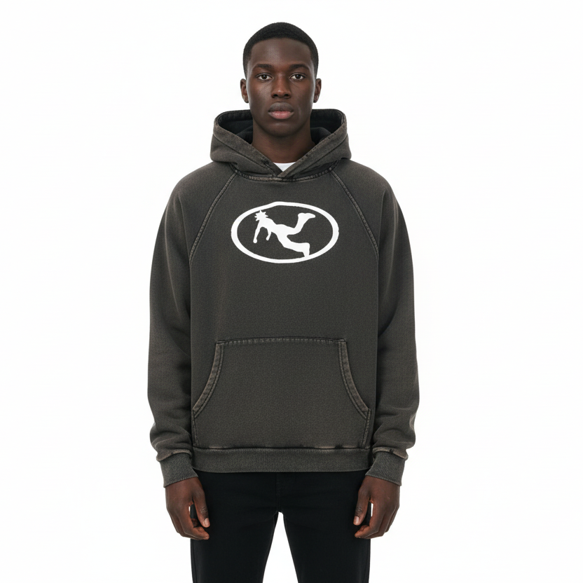 Pluto White Oval Logo Vintage Washed Frayed-Hem Hoodie