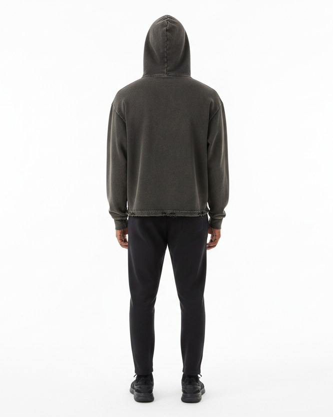 Pluto Black Oval Logo Vintage Washed Frayed-Hem Hoodie