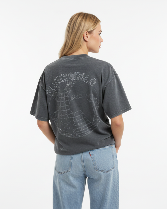 PlutosWorld White Globe Snow Washed Oversized Tee-Shirt
