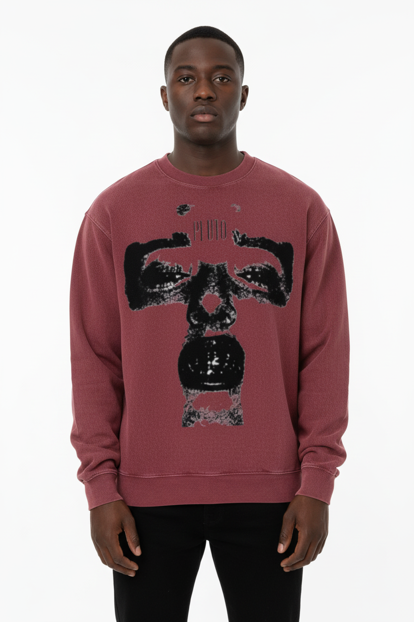 Black Pluto Face Acid Wash Oversize Long Sleeve T-Shirt