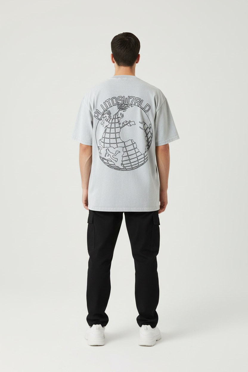 PlutosWorld Black Globe Snow Washed Oversized Tee-Shirt