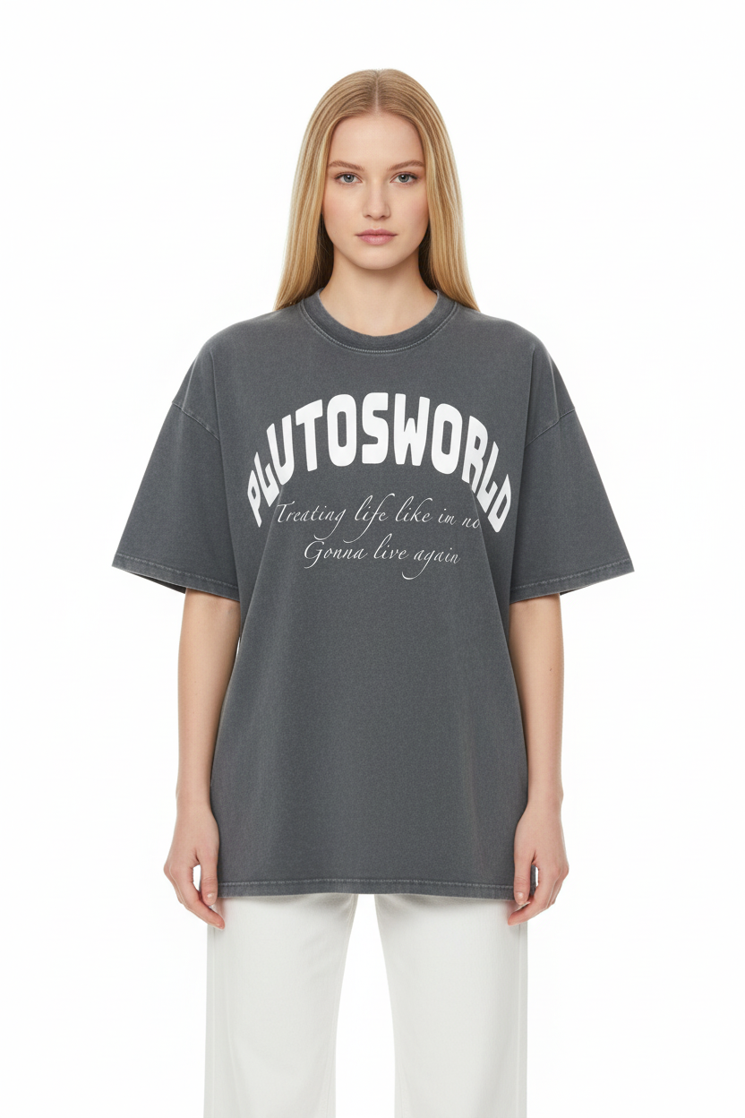 PlutosWorld White Globe Snow Washed Oversized Tee-Shirt