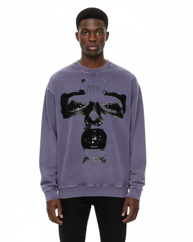 Black Pluto Face Acid Wash Oversize Long Sleeve T-Shirt