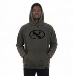 Pluto Black Oval Logo Vintage Washed Frayed-Hem Hoodie