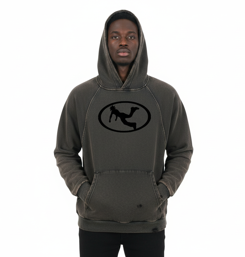 Pluto Black Oval Logo Vintage Washed Frayed-Hem Hoodie