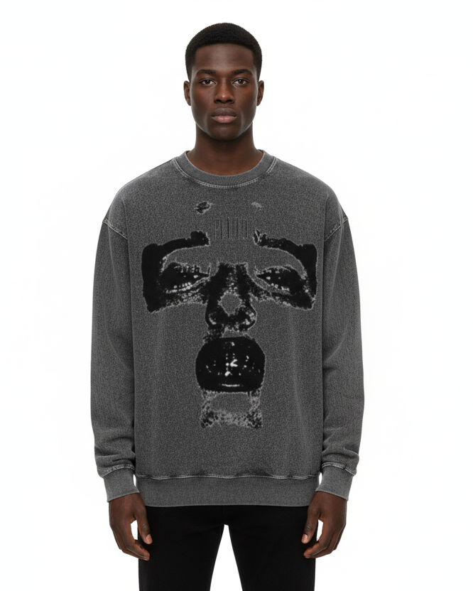 Black Pluto Face Acid Wash Oversize Long Sleeve T-Shirt
