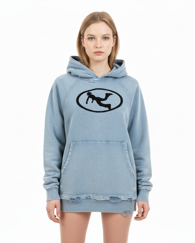 Pluto Black Oval Logo Vintage Washed Frayed-Hem Hoodie