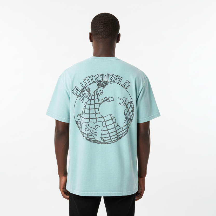 PlutosWorld Black Globe Snow Washed Oversized Tee-Shirt