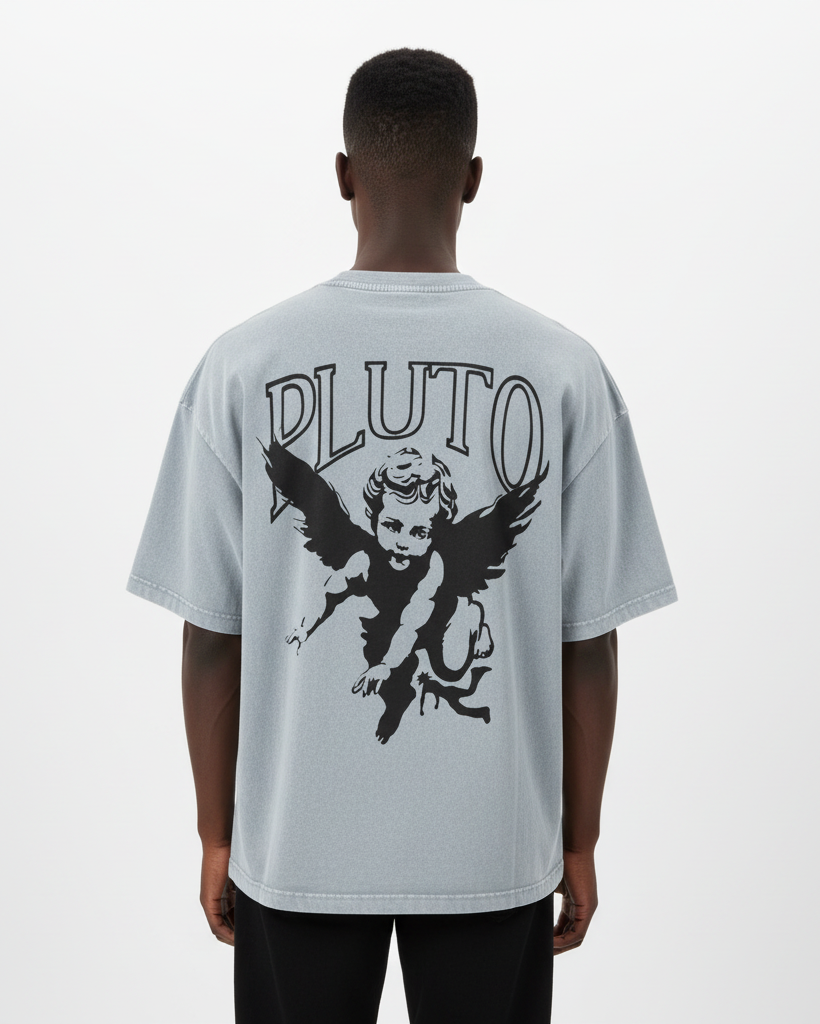 Pluto Angel Outline Mineral Wash Boxy Cotton Tee-Shirt