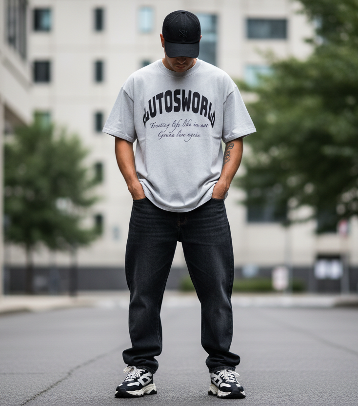 PlutosWorld Black Globe Snow Washed Oversized Tee-Shirt