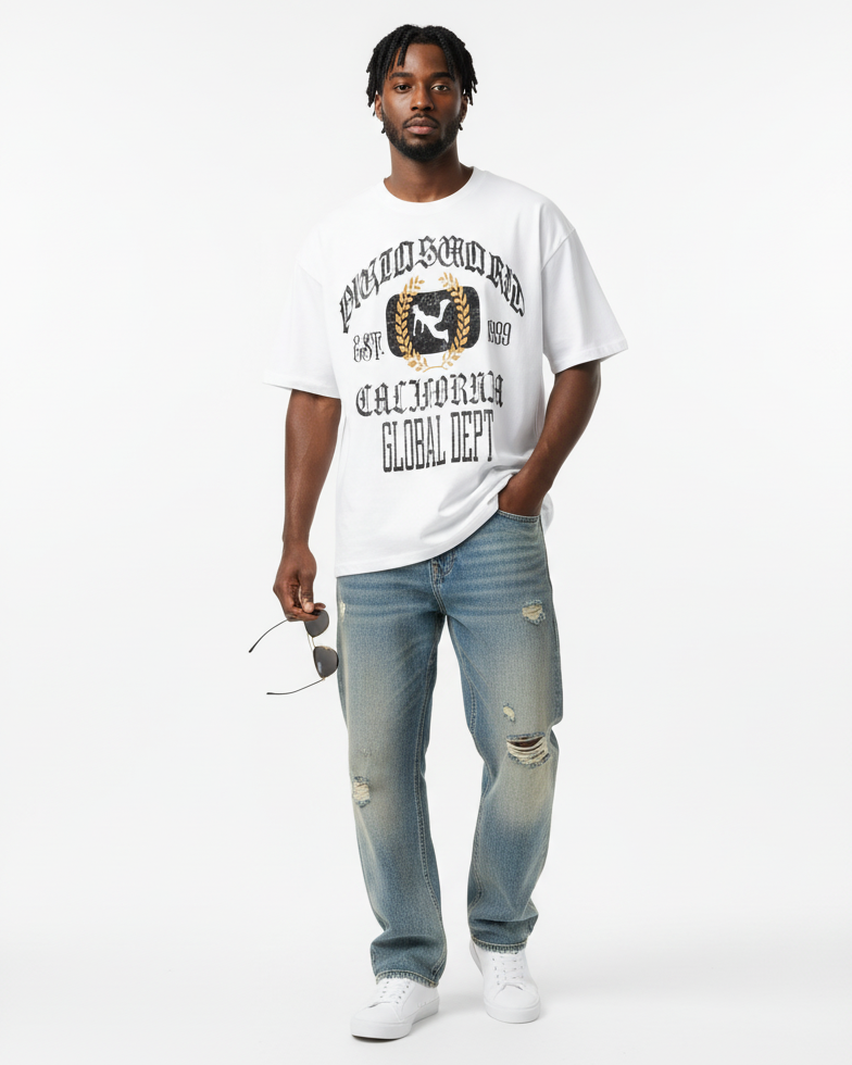 PLUTSWORLD GLOBAL DEPT 1999 Boxy Raw-Edge Tee-Shirt