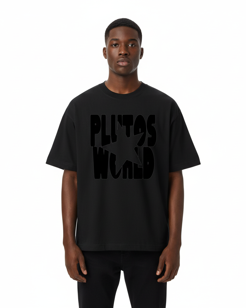 PlutosWorld Black Star Cotton Boxy Tee-Shirt