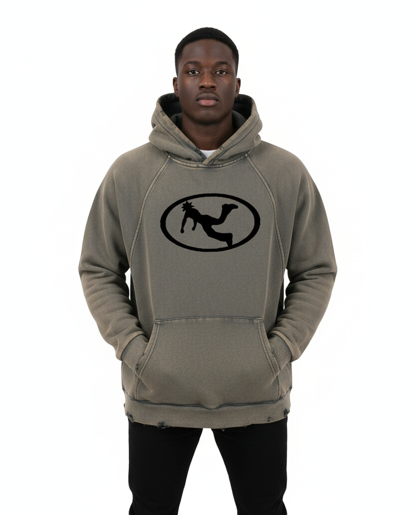 Pluto Black Oval Logo Vintage Washed Frayed-Hem Hoodie