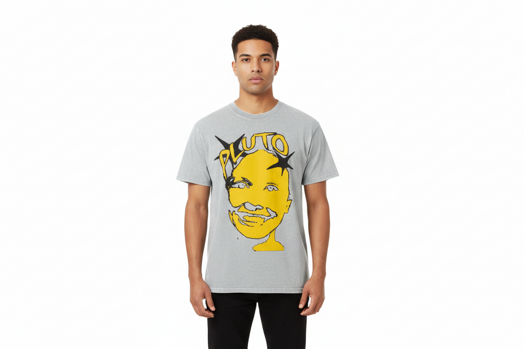 Pluto Yellow Face Snow Washed Oversized Cotton Tee-Shirt