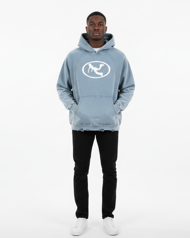Pluto White Oval Logo Vintage Washed Frayed-Hem Hoodie