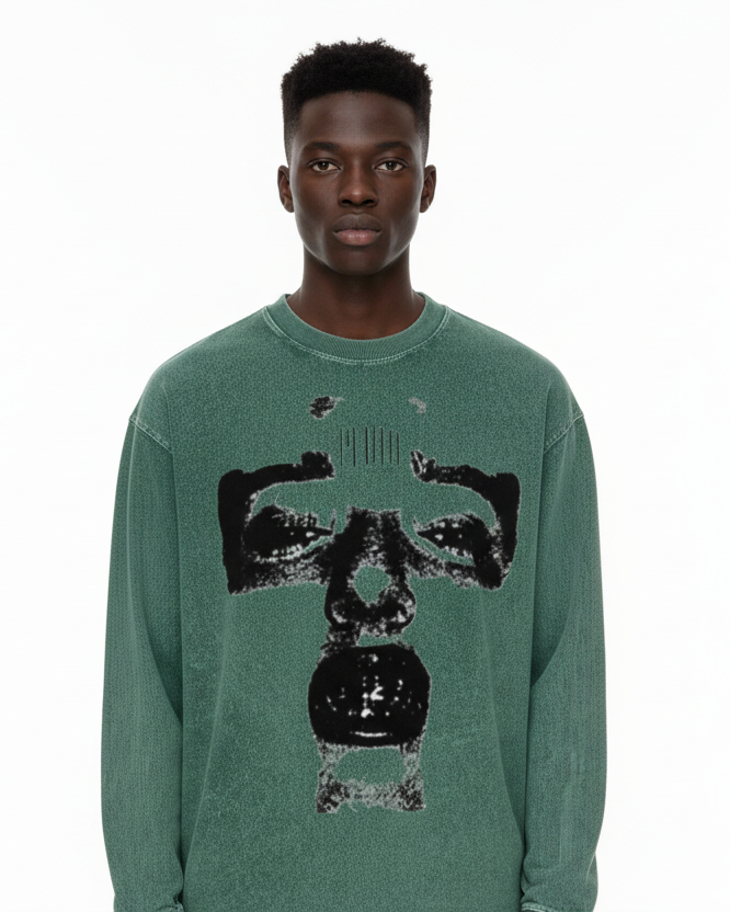 Black Pluto Face Acid Wash Oversize Long Sleeve T-Shirt