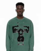 Black Pluto Face Acid Wash Oversize Long Sleeve T-Shirt