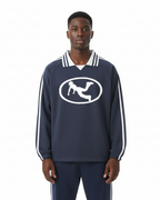 Pluto Oval Logo Striped Lapel Collar Sweatshirt