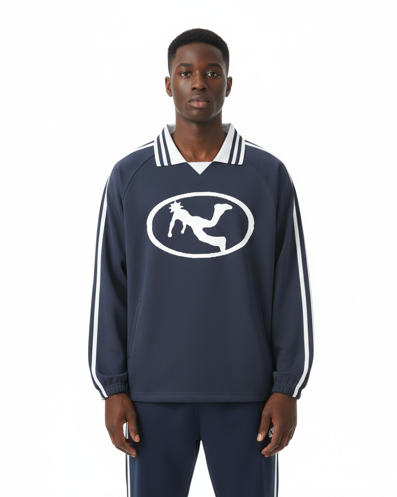Pluto Oval Logo Striped Lapel Collar Sweatshirt