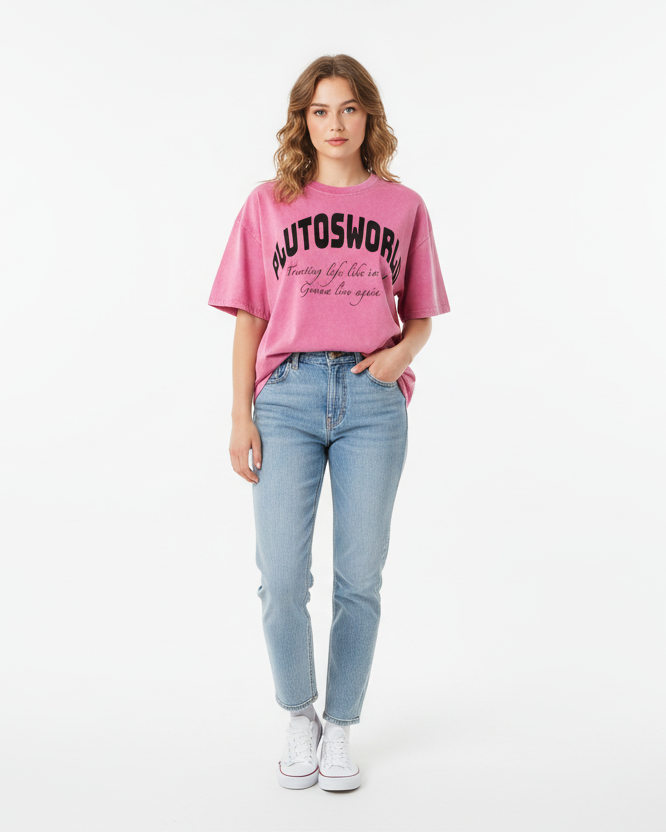 PlutosWorld Black Globe Snow Washed Oversized Tee-Shirt