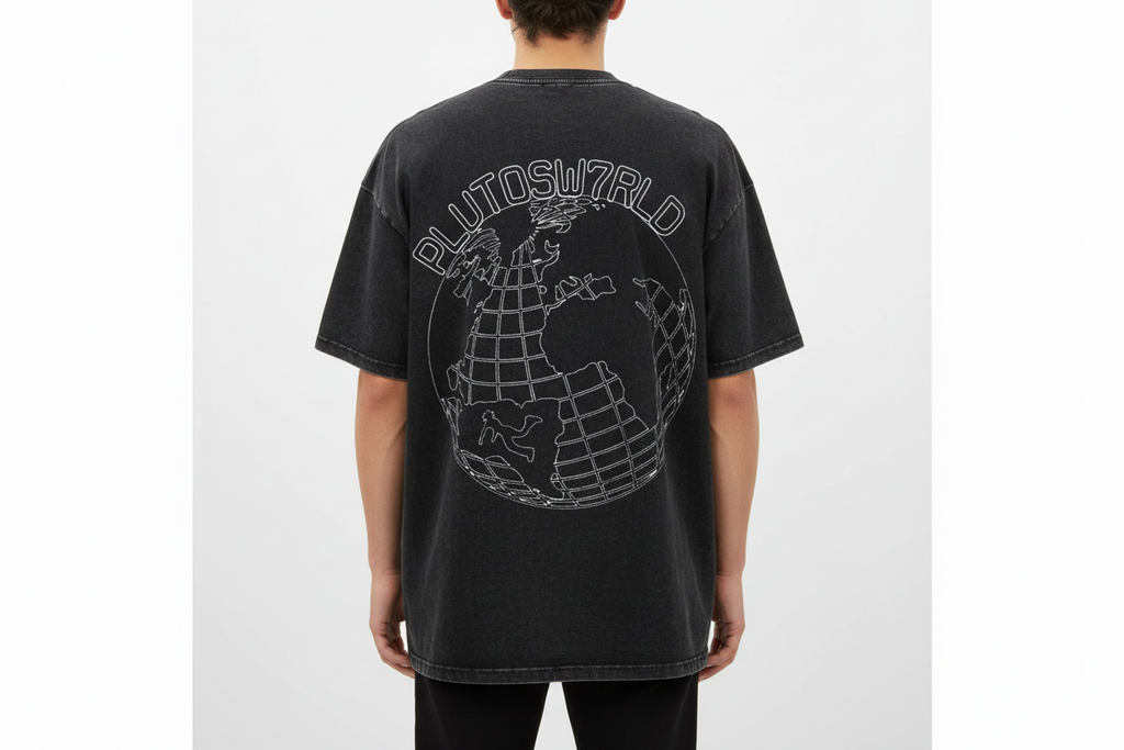 PlutosWorld White Globe Snow Washed Oversized Tee-Shirt