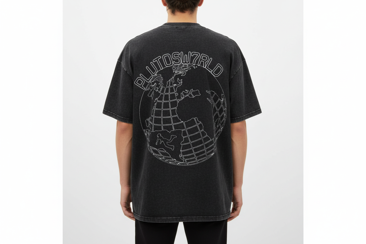 PlutosWorld White Globe Snow Washed Oversized Tee-Shirt