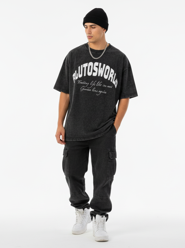 PlutosWorld White Globe Snow Washed Oversized Tee-Shirt