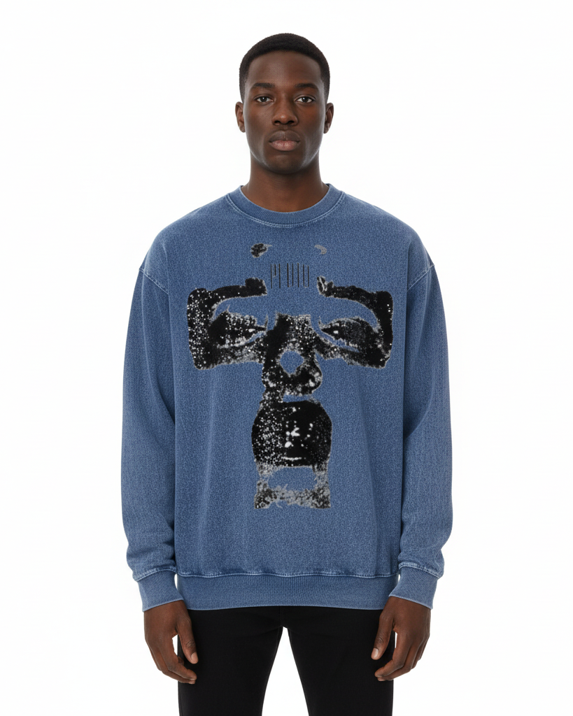 Black Pluto Face Acid Wash Oversize Long Sleeve T-Shirt