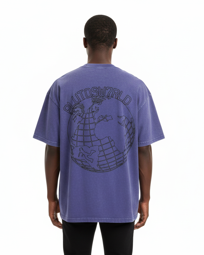 PlutosWorld Black Globe Snow Washed Oversized Tee-Shirt