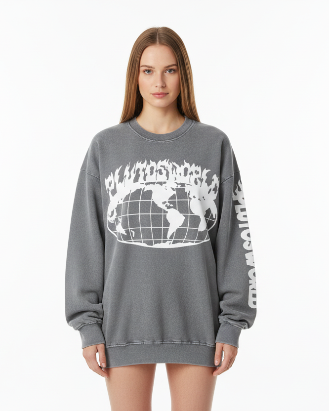 PLUTOSWORLD Wide Globe Snow Washed Oversized Sweatshirt