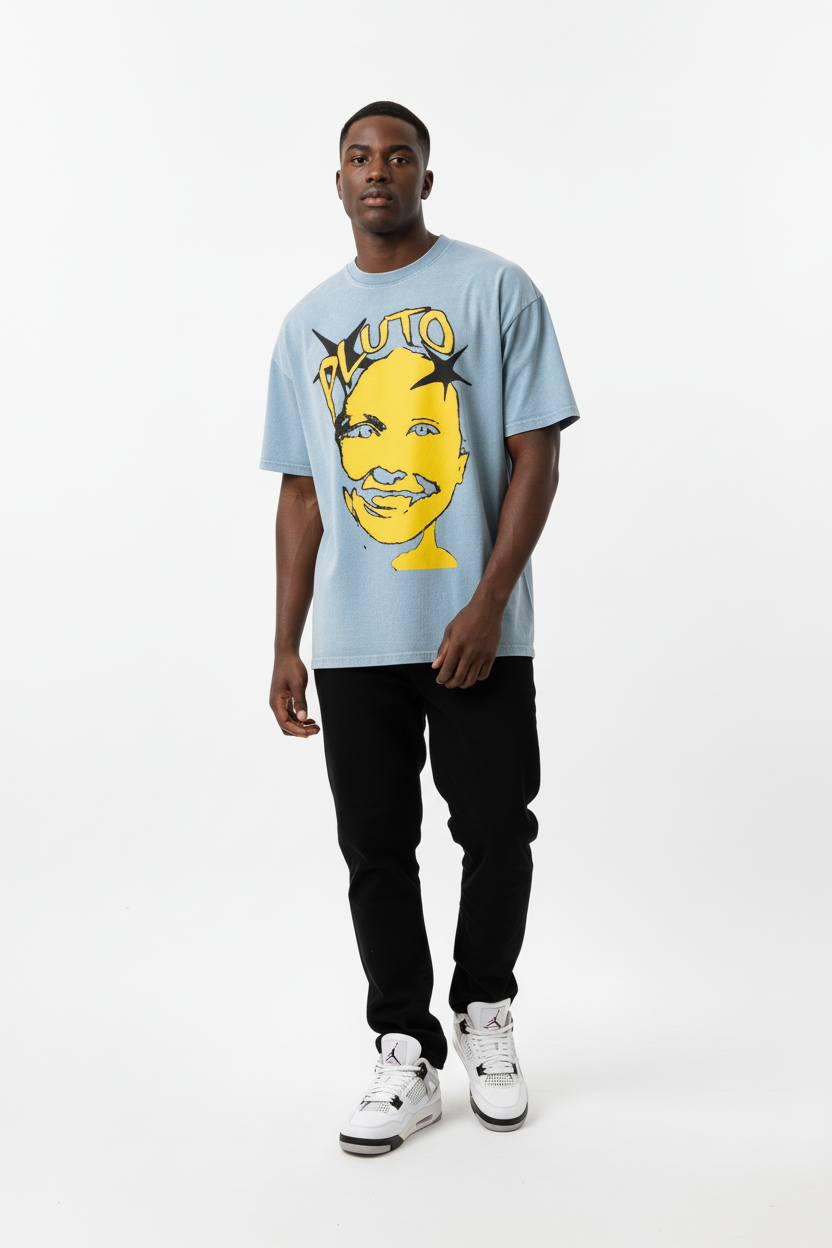Pluto Yellow Face Snow Washed Oversized Cotton Tee-Shirt
