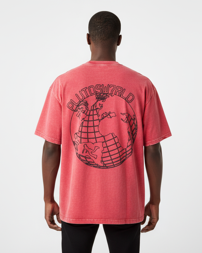 PlutosWorld Black Globe Snow Washed Oversized Tee-Shirt