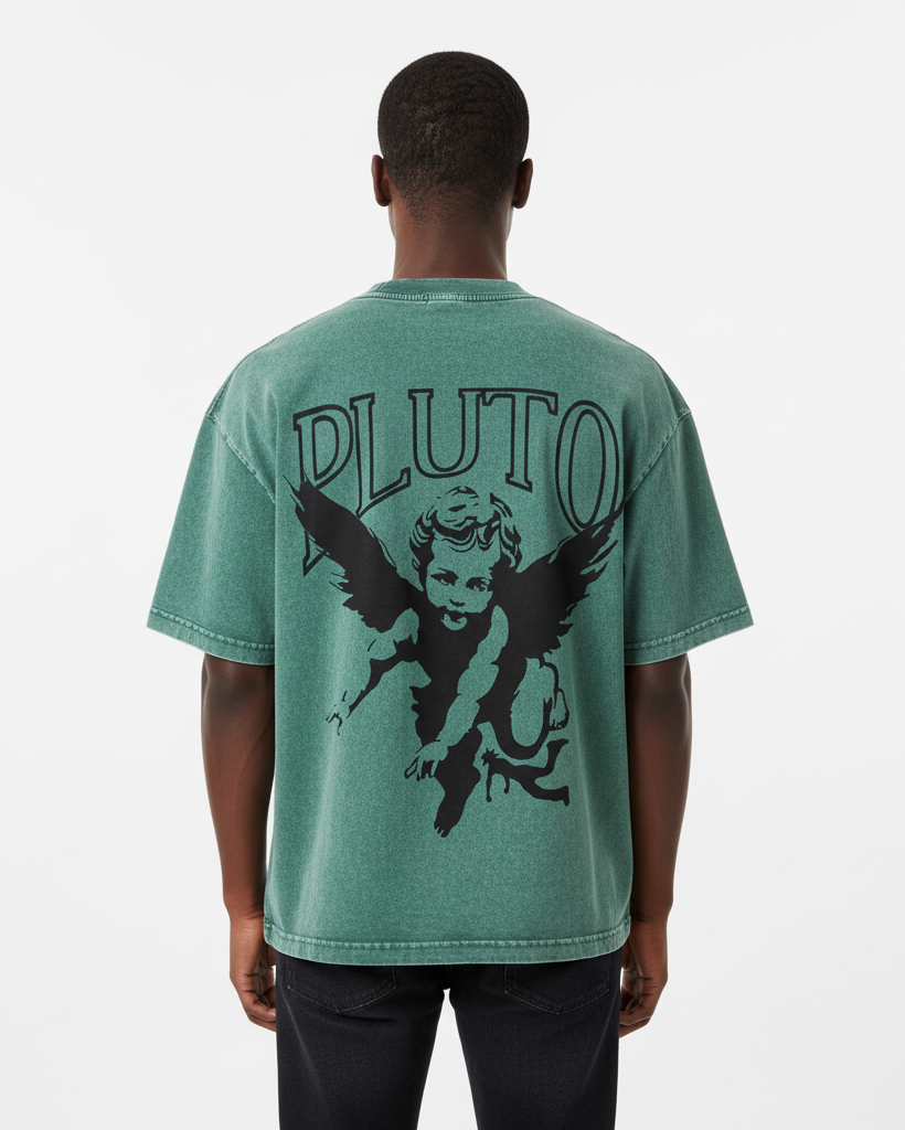 Pluto Angel Outline Mineral Wash Boxy Cotton Tee-Shirt