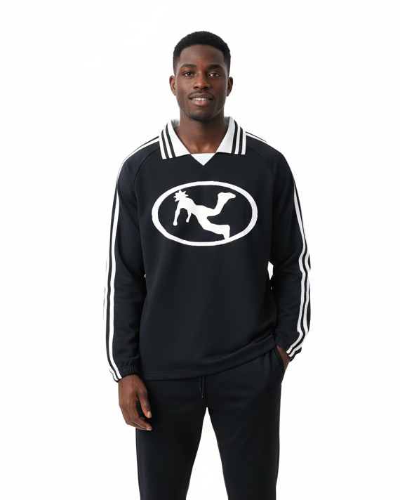 Pluto Oval Logo Striped Lapel Collar Sweatshirt