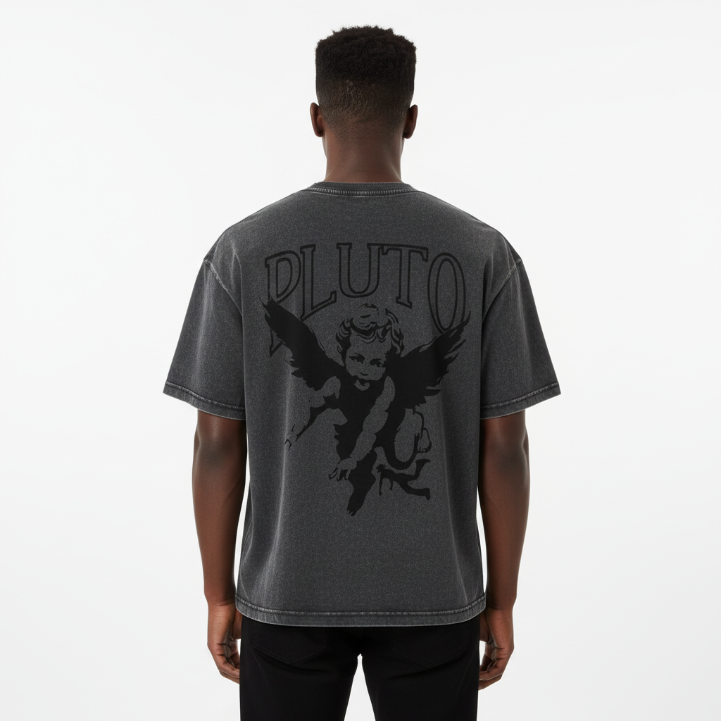 Pluto Angel Outline Mineral Wash Boxy Cotton Tee-Shirt