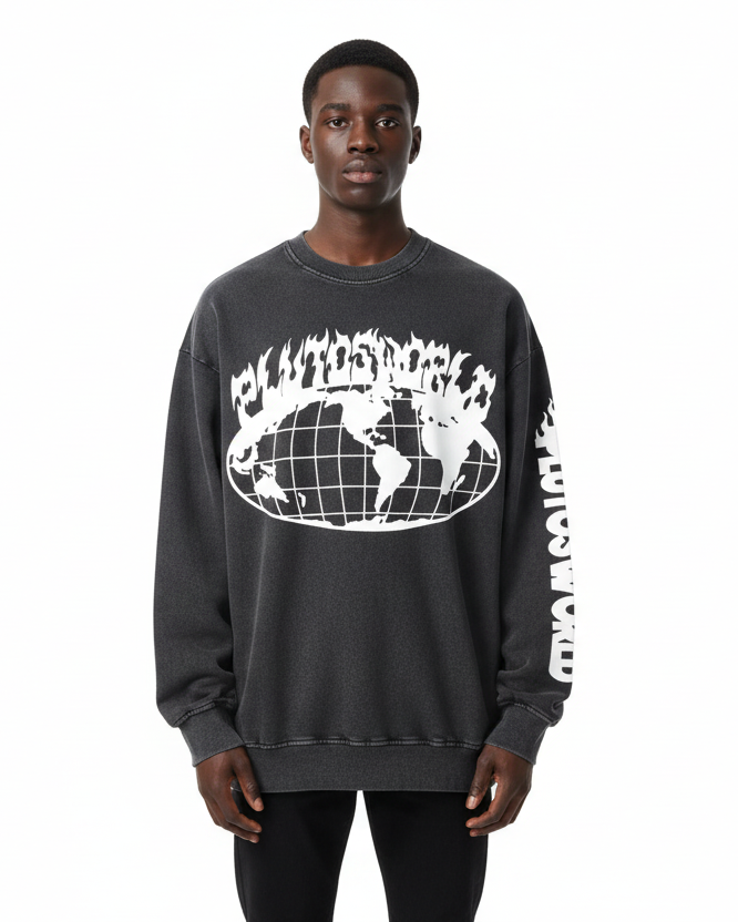 PLUTOSWORLD Wide Globe Snow Washed Oversized Sweatshirt