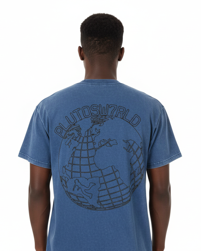 PlutosWorld Black Globe Snow Washed Oversized Tee-Shirt