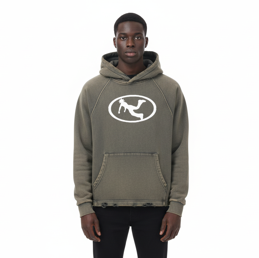 Pluto White Oval Logo Vintage Washed Frayed-Hem Hoodie
